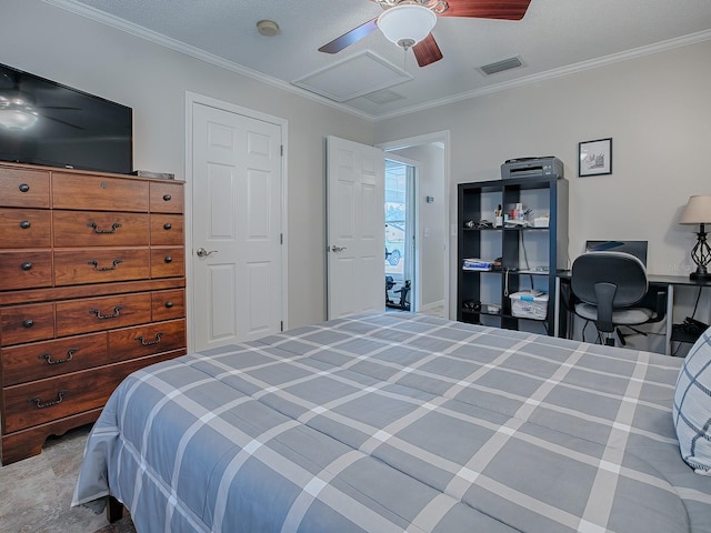 bedroom featuring ceiling fan, a textured ceiling, and ornamental molding