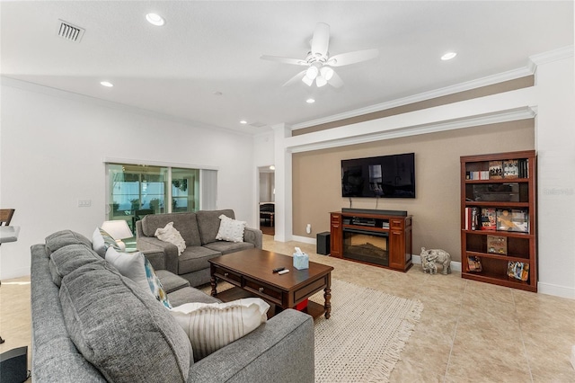 living room featuring ceiling fan, light tile patterned flooring, and crown molding