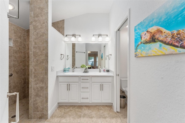 bathroom featuring tiled shower, vanity, lofted ceiling, and toilet