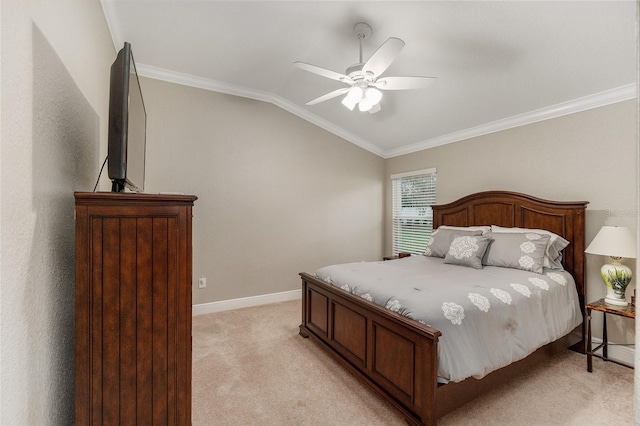 bedroom with ceiling fan, light colored carpet, crown molding, and lofted ceiling