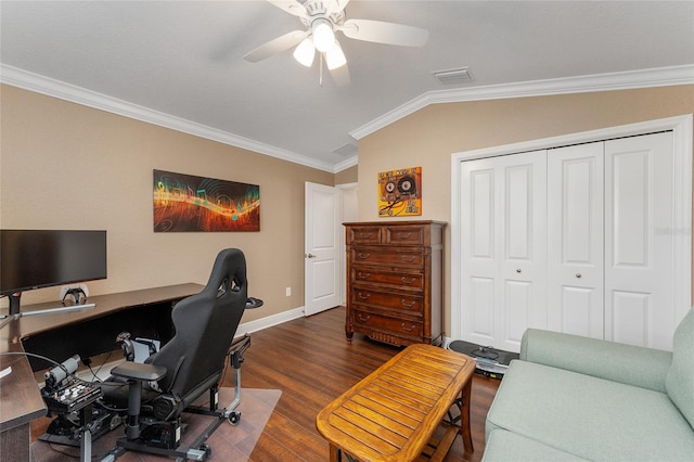 office featuring ceiling fan, lofted ceiling, dark hardwood / wood-style floors, and crown molding