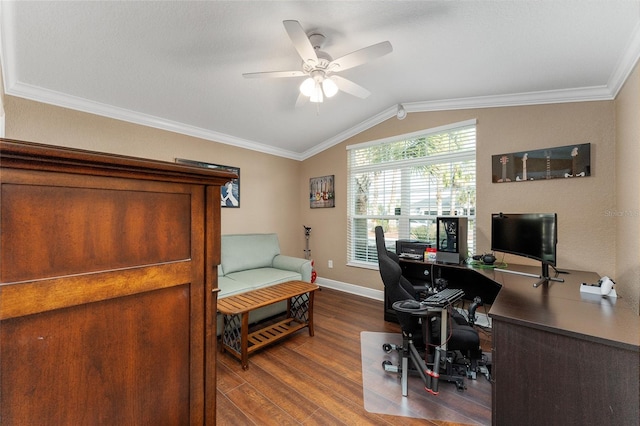 office space with ceiling fan, ornamental molding, lofted ceiling, and dark hardwood / wood-style floors