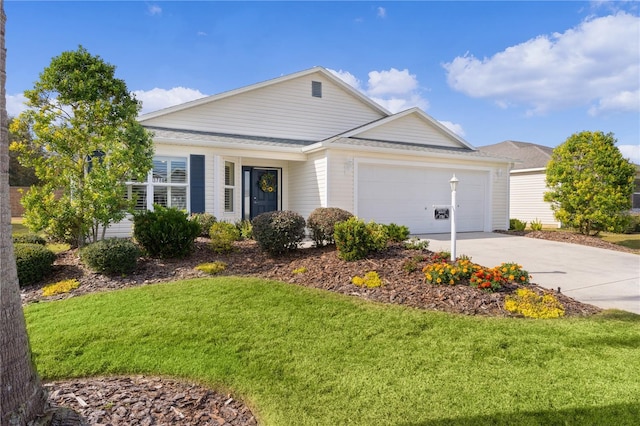 ranch-style home featuring a front yard and a garage