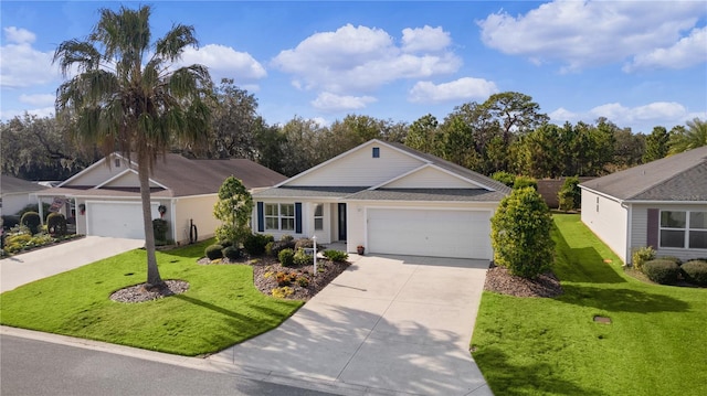 ranch-style home featuring a front yard and a garage