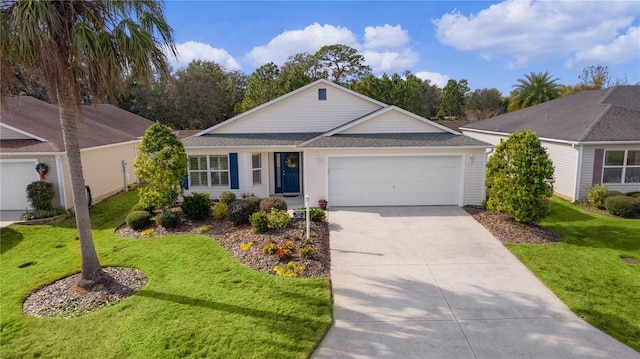 single story home featuring a front yard and a garage