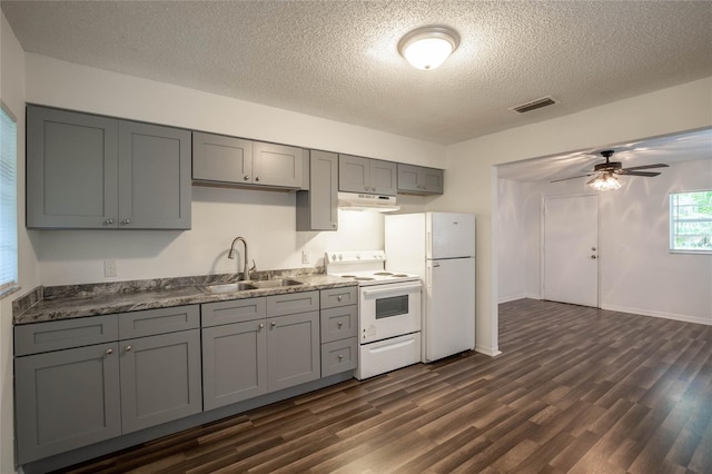 kitchen with gray cabinetry, ceiling fan, sink, a textured ceiling, and white appliances