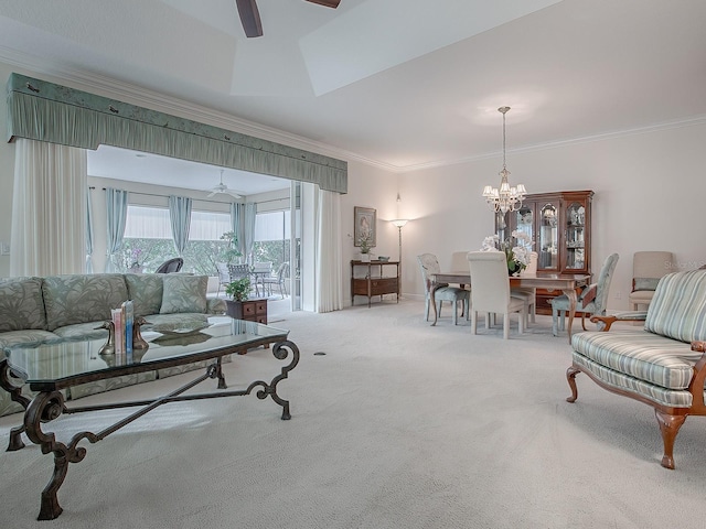 living room with ornamental molding, carpet, and ceiling fan with notable chandelier