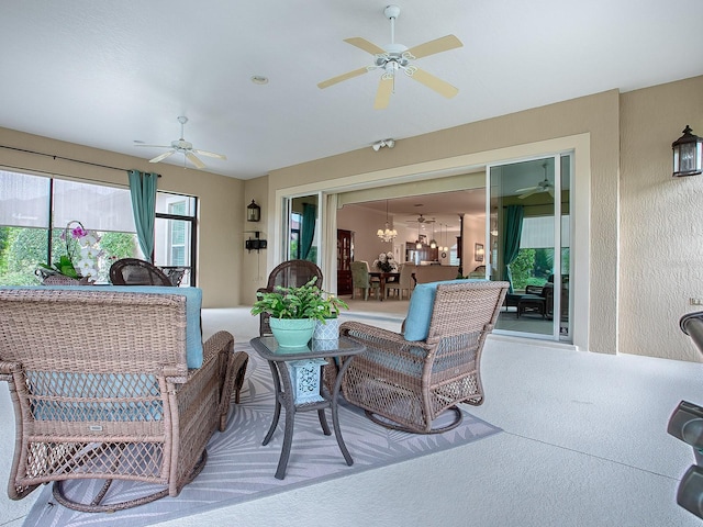 interior space featuring a ceiling fan