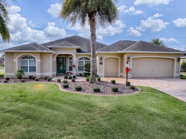 single story home featuring a front yard and a garage