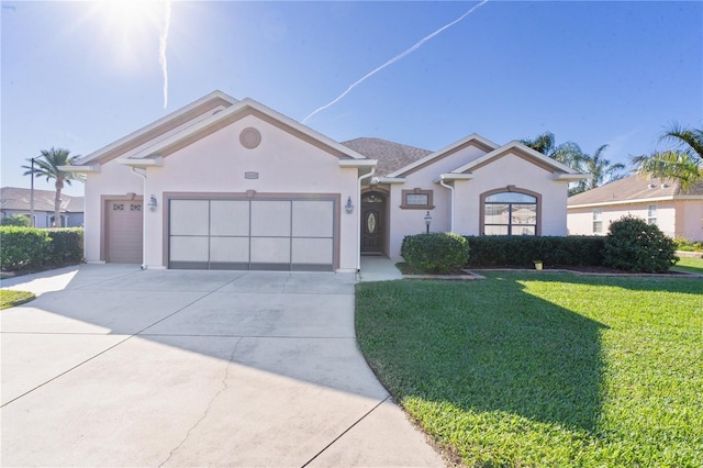 ranch-style house with a garage and a front yard