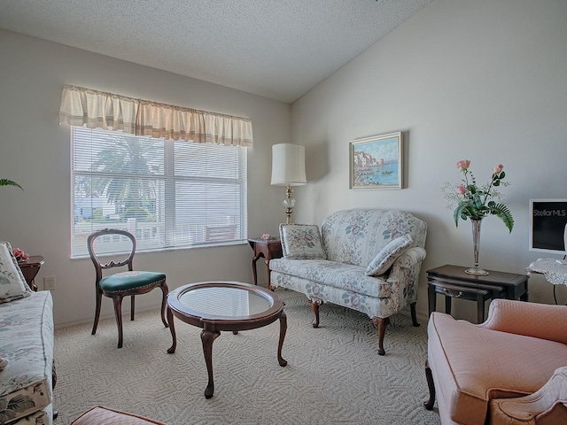 living area with a textured ceiling, vaulted ceiling, and light carpet