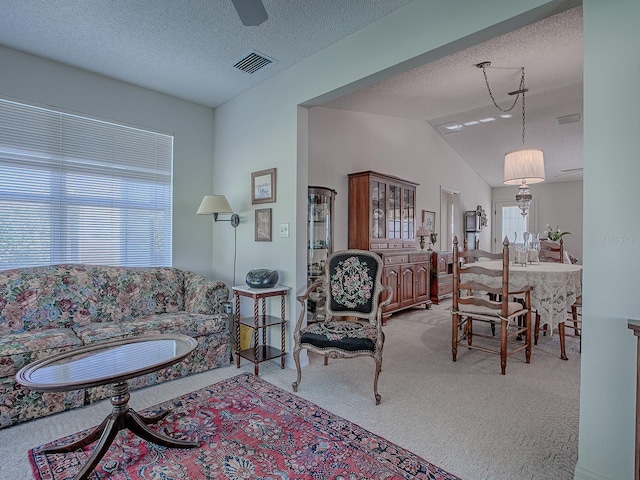 living room with a textured ceiling, vaulted ceiling, and light carpet