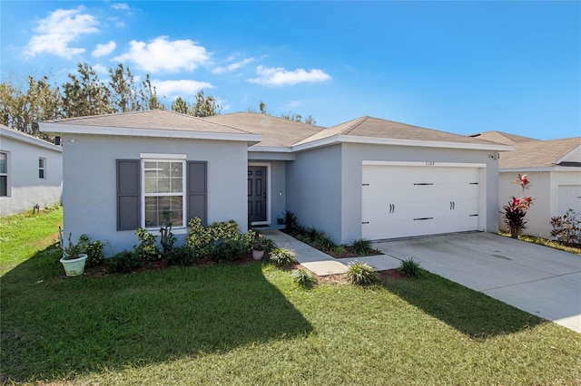 ranch-style home with a front yard and a garage