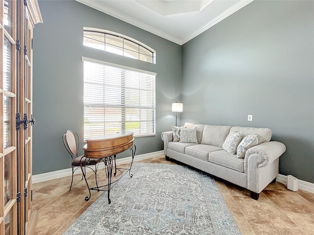 living room featuring a raised ceiling and ornamental molding