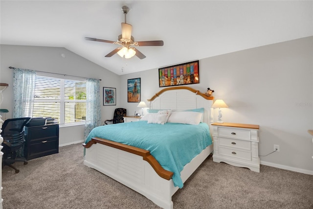 carpeted bedroom with ceiling fan and lofted ceiling