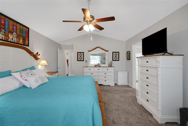 unfurnished bedroom with light colored carpet, ceiling fan, and lofted ceiling