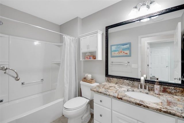 full bathroom with shower / bathtub combination with curtain, vanity, and toilet