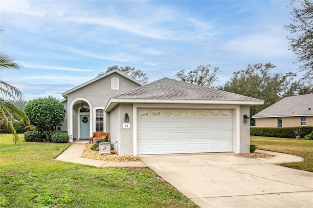 ranch-style home featuring a front yard and a garage