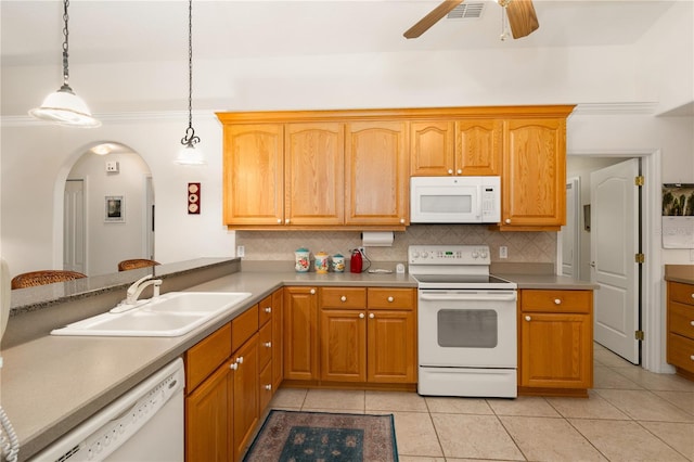 kitchen with sink, decorative light fixtures, white appliances, decorative backsplash, and light tile patterned flooring