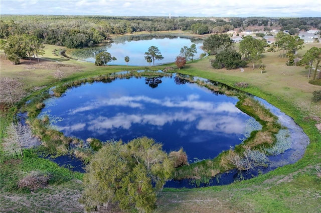 drone / aerial view with a water view