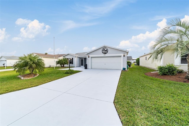 ranch-style house featuring a garage and a front lawn