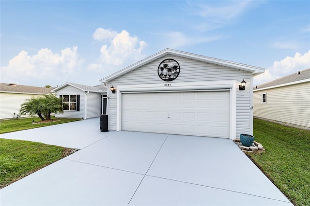 ranch-style house with a garage and a front lawn