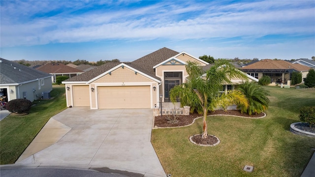 view of front of home featuring a garage, a front yard, and central AC