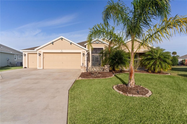 single story home featuring a front yard, a garage, and central AC unit