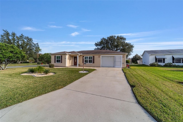 ranch-style house featuring a garage and a front lawn