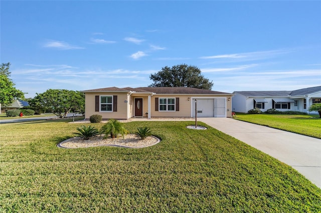 ranch-style house featuring a front yard and a garage