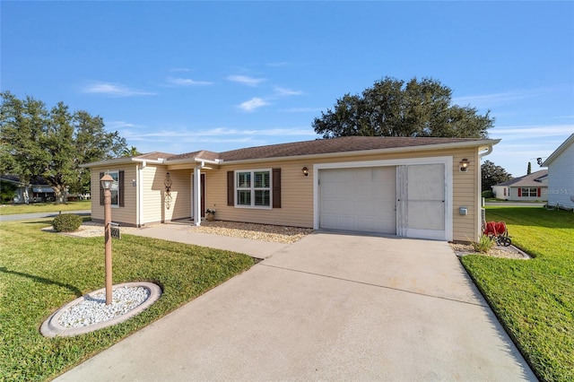 ranch-style home featuring a front yard and a garage