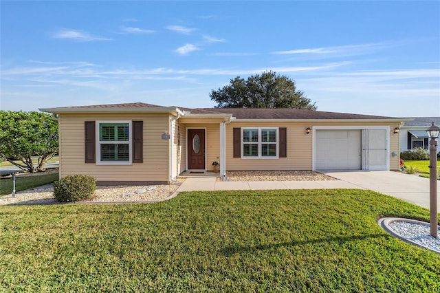 single story home featuring a front yard and a garage