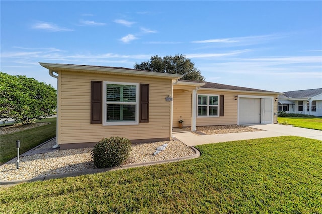 ranch-style house with a garage and a front lawn