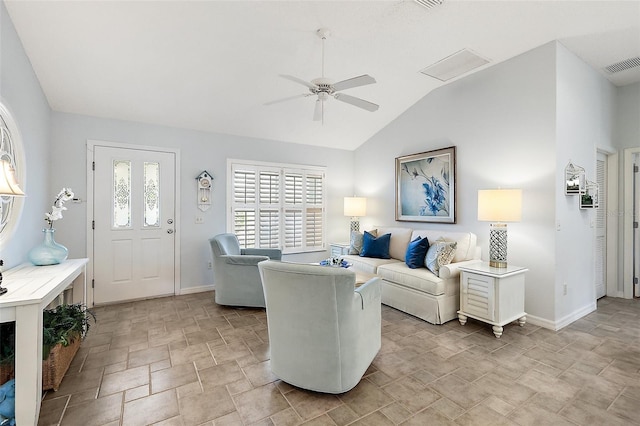 living room featuring ceiling fan and vaulted ceiling