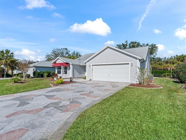 single story home featuring a garage and a front lawn