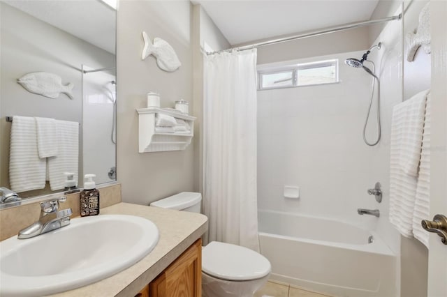 full bath with tile patterned floors, vanity, toilet, and shower / bathtub combination with curtain