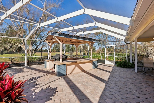 view of patio / terrace with exterior kitchen, a lanai, and a grill