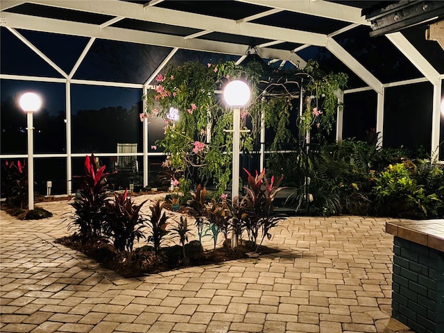 patio at night with a lanai