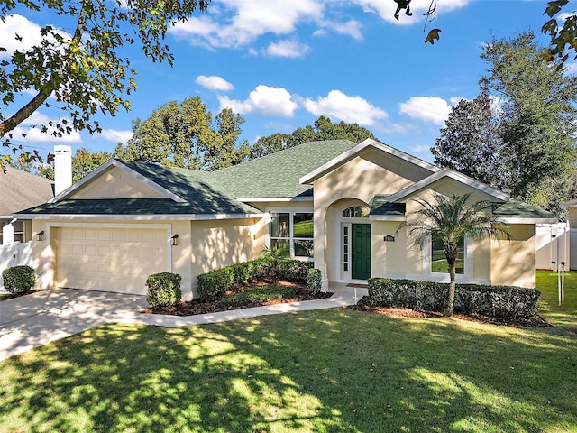 ranch-style home featuring a garage and a front yard