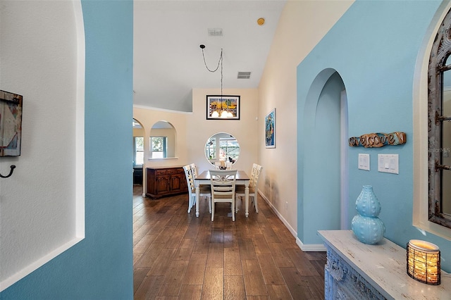 dining room with dark hardwood / wood-style floors and high vaulted ceiling