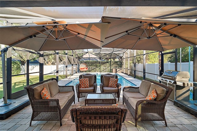 view of patio with outdoor lounge area, glass enclosure, and a grill