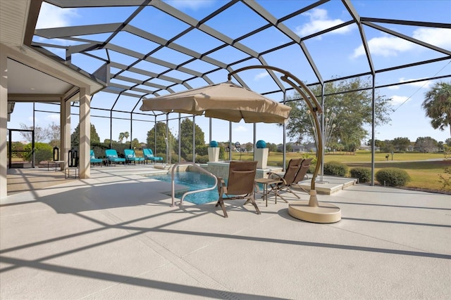 view of patio featuring glass enclosure