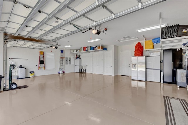 garage with electric panel, water heater, a garage door opener, and stainless steel refrigerator with ice dispenser