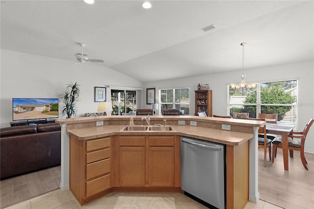 kitchen featuring decorative light fixtures, a center island with sink, stainless steel dishwasher, and sink