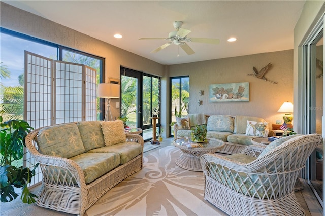 living room featuring ceiling fan