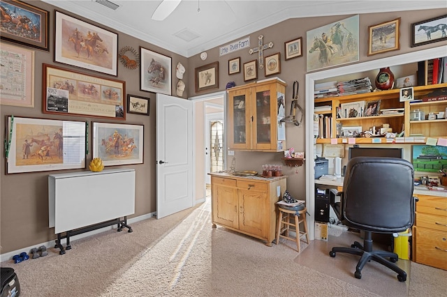 home office with light carpet, ceiling fan, and ornamental molding