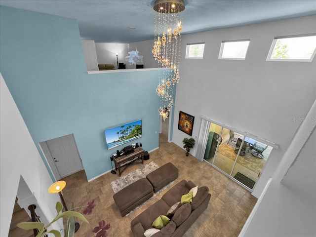 living room with a chandelier