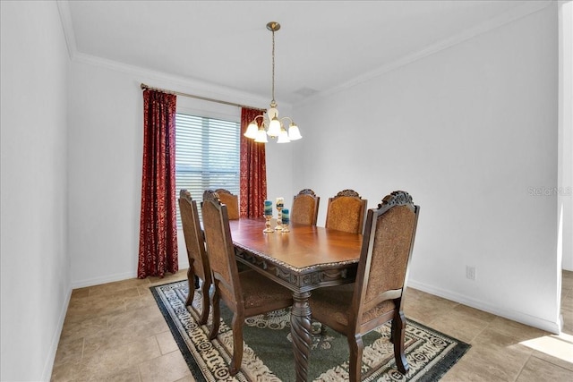 dining space featuring an inviting chandelier and ornamental molding