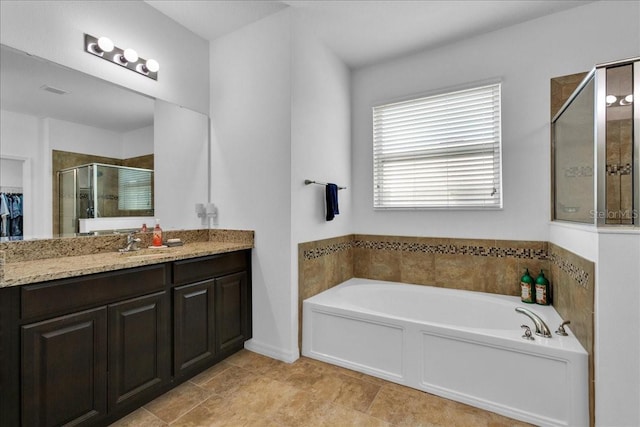 bathroom with vanity and plus walk in shower