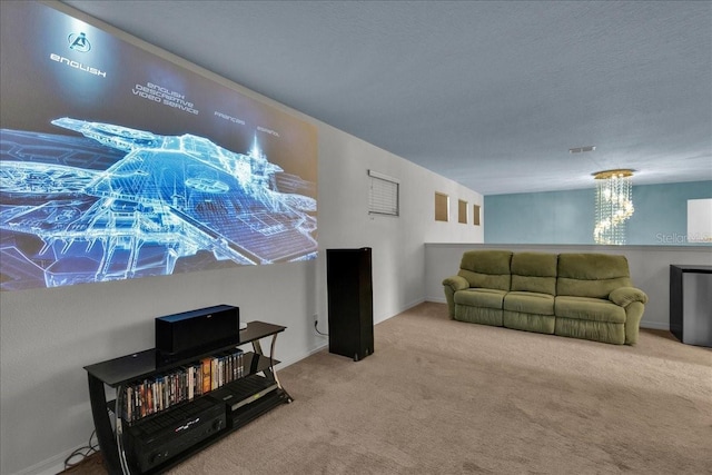 living room with carpet, a textured ceiling, and an inviting chandelier